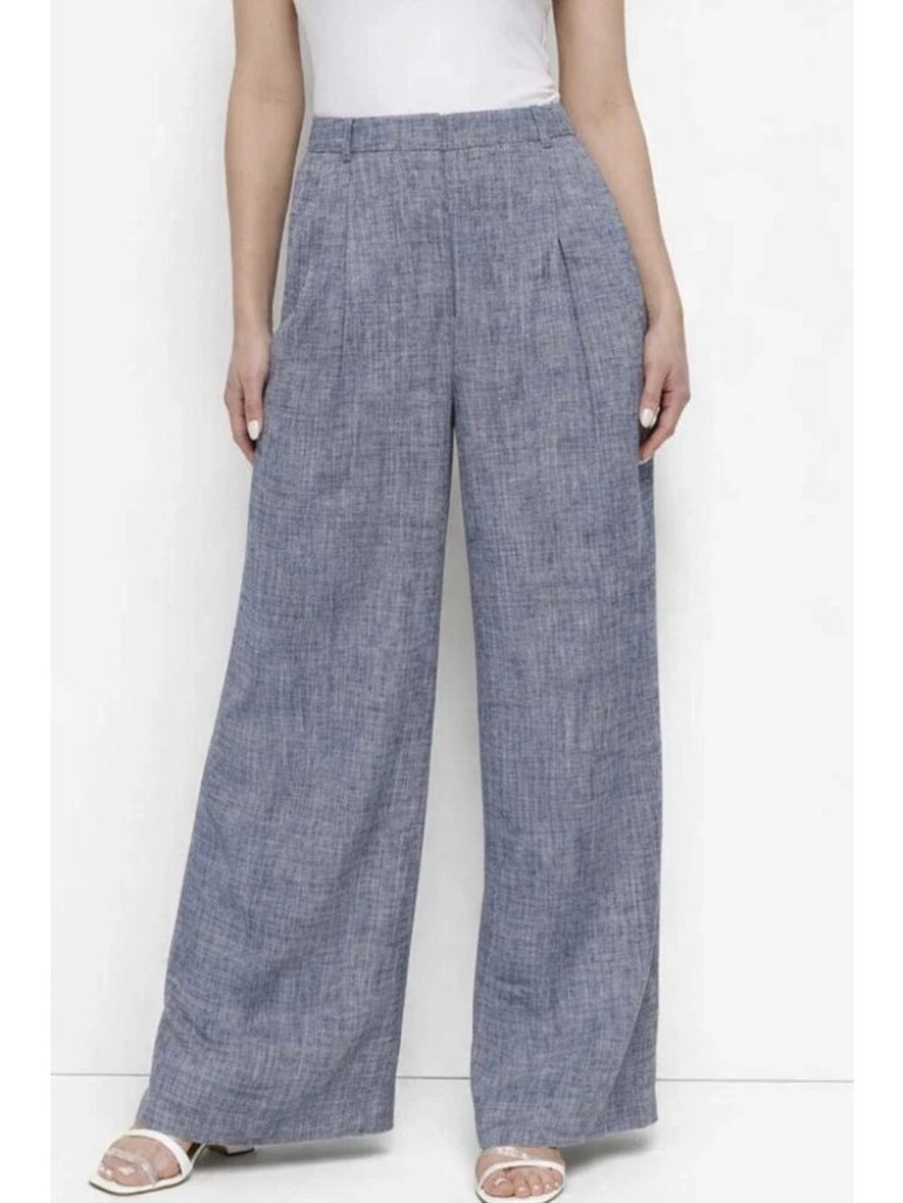 DKNY Womens High Rise Linen Wide-Leg Pan Atlantic Blue ivory Size 10 $109 SALE